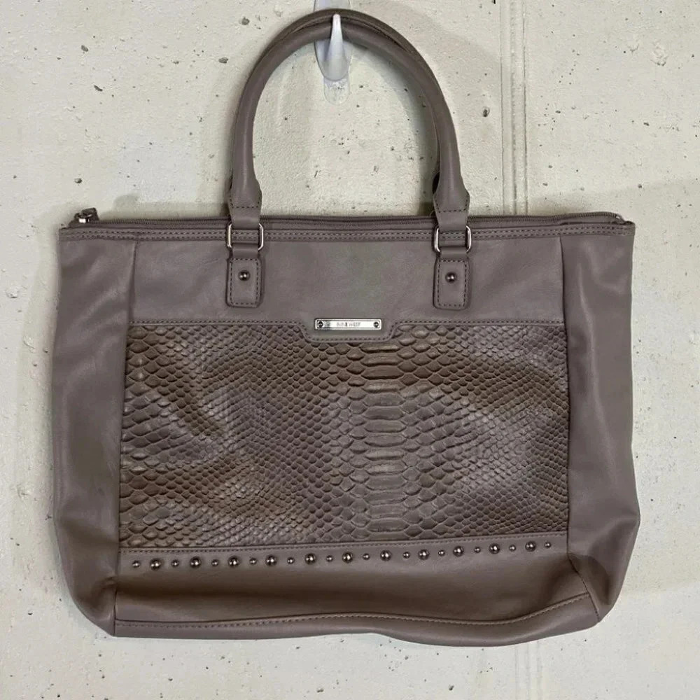 Nine West Gray Faux Leather Snake‎ Print Studded Tote Bag
